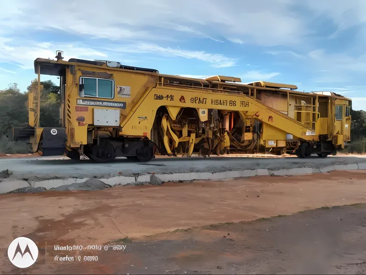 Theres a yellow train thats on the roadside tracks, imagem do produto de alta qualidade", heavy machinery, Fotografia tirada em 2 0 2 0, Capturado no iPhone, imagem frontal, fotografia tirada em 2 0 2 0, reboque, instagram post, Foto tirada em 2018, ( pron...