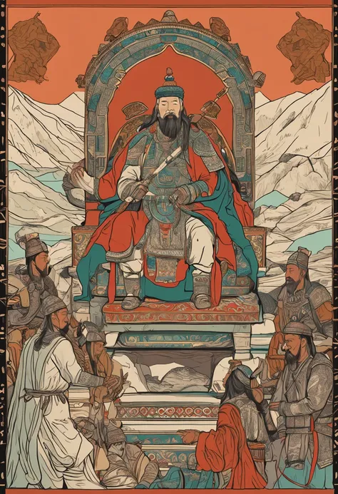 Generate an image depicting Genghis Khan orchestrating a marriage between his daughter and an allied king.