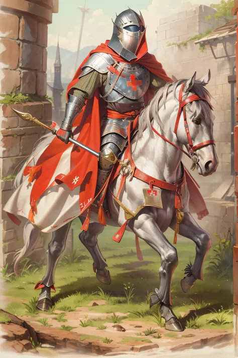 medieval warrior man, mounted on a horse, wearing armor, helmet covers his face, shield in one hand and a spear in the other not, clothes with a red cross, horse with a white cape