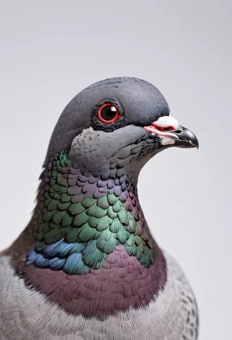 "Generate a realistic photo of a pigeon lying down on a white background, photographed from the front."