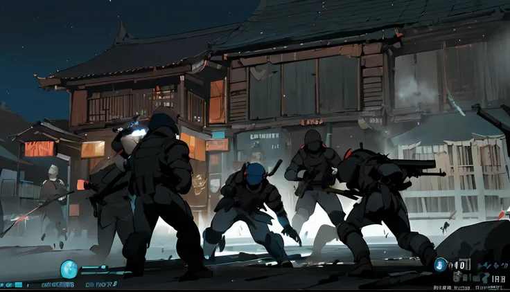 a group of people in front of a building at night, squad fighting the enemy, no jogo, in - jogo, no jogo, roblox captura de tela...