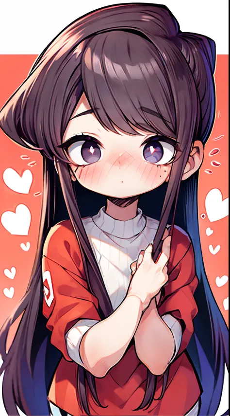 komi shouko, (A white border around a red rectangular background：2.5)，full body, white sweater, High detail, moles under eyes, Heart-shaped pupils, Love pupils, Lots of hearts, Fleshy thighs, highly rendered detailed face