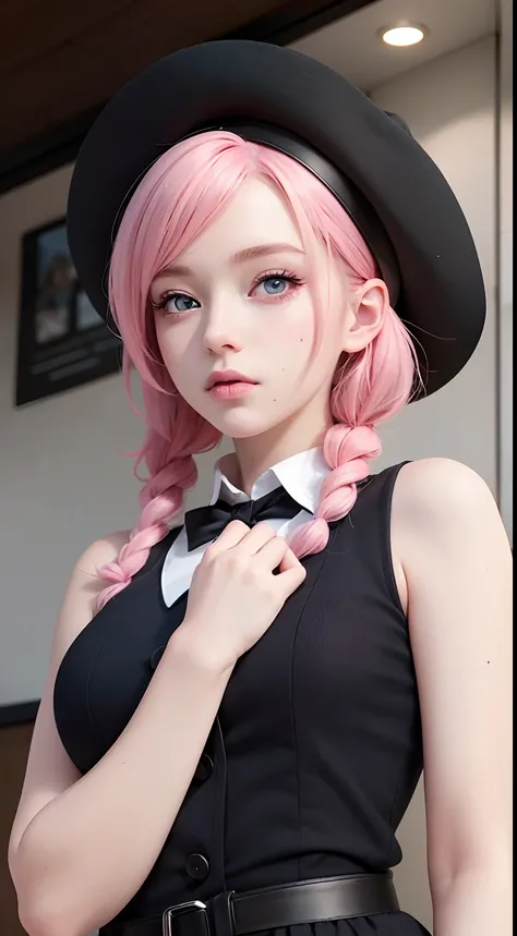 European and American anime girl with pink hair and blue eyes wearing a black hat, photorealistic anime girl render, hyper realistic anime, realistic anime artstyle, photorealistic anime, 3 d anime realistic, realistic young anime girl, realistic anime 3 d...