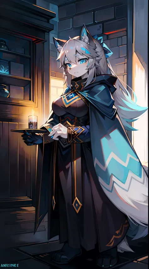 Assassins Cloak，Big-tailed wolf，Gray hair，blue color eyes，female，long whitr hair