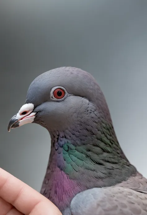 "Generate a realistic image of a pigeon resting comfortably on the shoulder of an out-of-focus person, with the focus on the pigeon. The persons torso should be visible in the frame, and the scene should be set against a plain white background. The perspec...