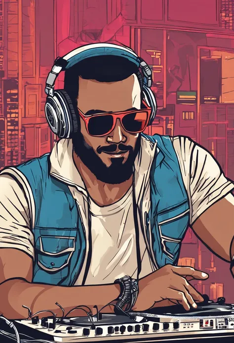 Man in headphones and sunglasses white man, apontando para um laptop, DJ em uma festa, DJ, Conjunto de DJ, Retrato de Lucha Libre DJ, DJING com toca-discos DJ, ELECTRONIC MUSIC, foto de perfil 1024px, tocando techno house music, modo pixar