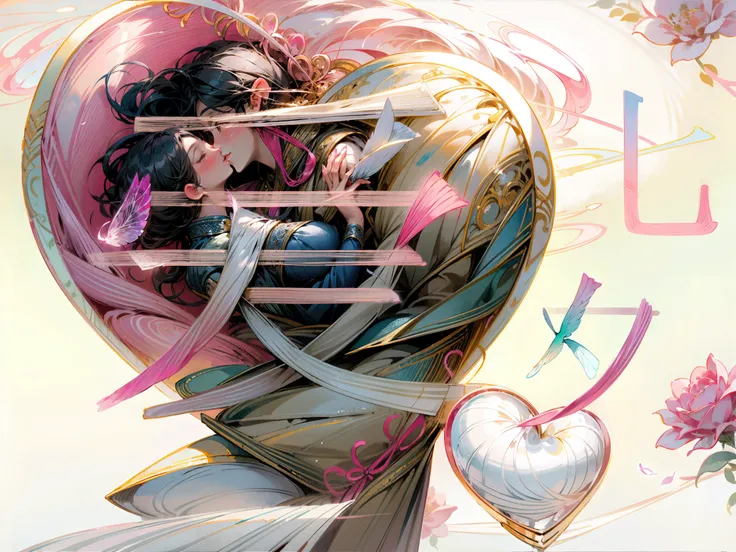 Romantic couple kissing in the wind，Oriental elements，Beautiful transparent man and woman kissing､Beautiful pink roses、transparent feathers､kindly smile､Summer background､Gentle and transparent fairy､WaterColor Paint