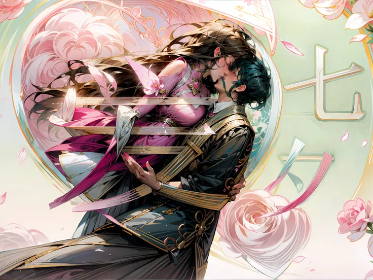 Romantic couple kissing in the wind，Oriental elements，Beautiful transparent man and woman kissing､Beautiful pink roses、transparent feathers､kindly smile､Summer background､Gentle and transparent fairy､WaterColor Paint