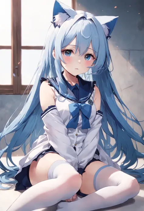 Blue hair, Girly, A half body, Thighs, Shy, Cat ears, White stockings white background feet JK uniform