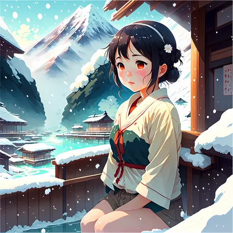 Beautiful and cute girl，hot onsen，weeping，SakuraNS，snow mountains，Makoto Shinkai painting style