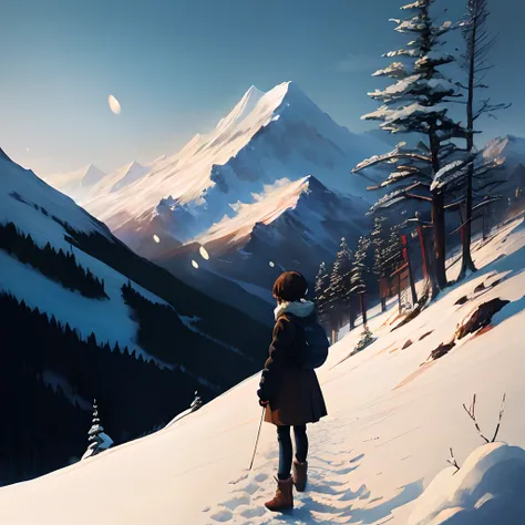 Beautiful and cute girl，Boundless snowfields，weeping，SakuraNS，snow mountains，Makoto Shinkai painting style