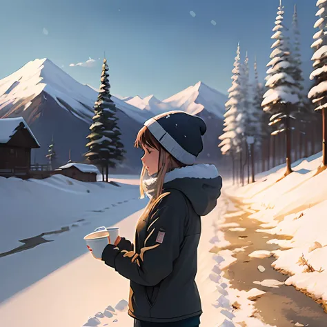 Beautiful and cute girl，Boundless snowfields，weeping，SakuraNS，snow mountains，Makoto Shinkai painting style