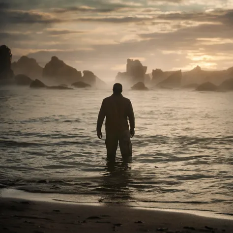 Man standing in the water，evening light，Back Shadow，tmasterpiece