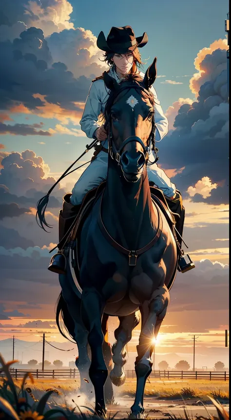 eight horses ran across the endless prairie ，a male western hunter rides on a white steed in front，the white steed roared into t...