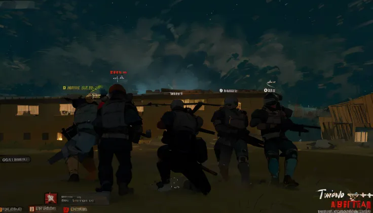 a group of people in front of a building at night, squad fighting the enemy, No jogo, in - jogo, No jogo, Captura de tecido Roblox, cena de combate, in - imagens do jogo, Imagens do jogo, gameplay screenshot with ui, Captura de malha digital, Captura de te...