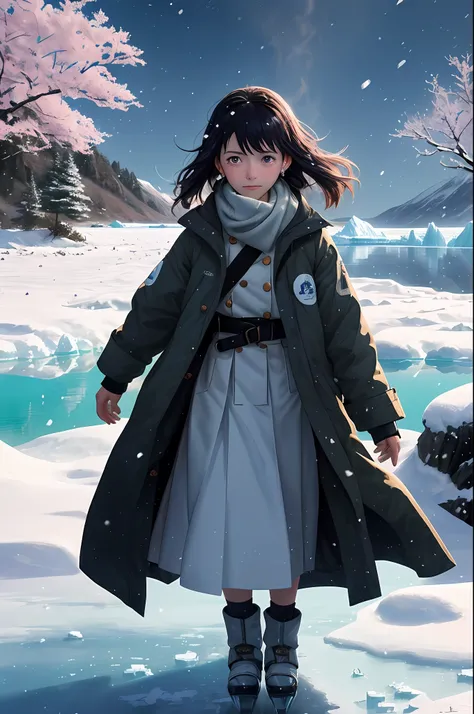 Beautiful cute petite girl，You cant see the ice field with a flat head，Heavy winds and snow，The girls tears froze，Pink cherry blossoms，NOhumans，Icebergs all around，There is a lake on the snowfield，There is light in the sky，Makoto Shinkai painting style