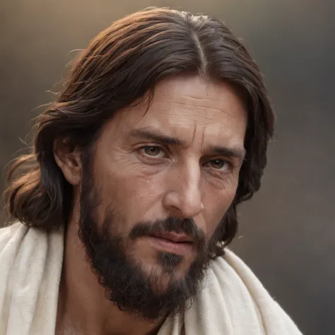 um close up de um homem de cabelos compridos e barba, Jesus Cristo, Retrato de Jesus Cristo, 8 k arte digital realista, jesus of nazareth, pintura digital ultra realista, rosto de Jesus, arte digital altamente realista, pintura digital hiper realista, arte...