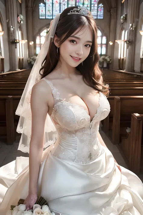 (Best Quality, masutepiece:1.2), (Realistic:1.3), (hyper detailed background, Detailed background), Bokeh, ((medium breasts:1.3)), ((Taut cleavage)),(Belleline Wedding Dresses:1.3),Bridal tiara, Show, Bridal Veil, bridal gauntlets, Bridal Cascade Bouquet, ...