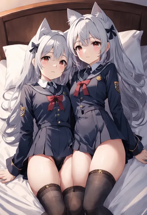 Gray hair, Two teenage girls,  Half body thighs face shy cat ears black stockings JK uniform at the foot of the white bed