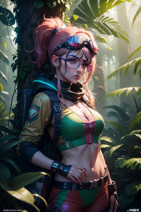 a woman in a colorful outfit and goggles stands in a jungle, adventure hyper realistic render, fantasy style 8 k octane render, artem demura beeple, 3 d render beeple, in the art style of filip hodas, style hybrid mix of beeple, cinematic beeple, 8k portra...