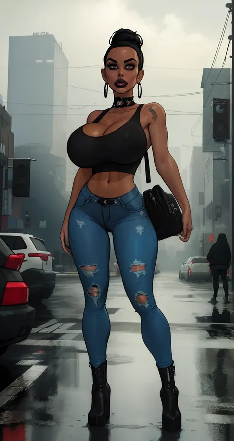 nerdy ((goth chick:1.3)) wearing (tight distressed black jeans)1.4, (perfect face), detailed face, (symmetrical eyes), perfect nose, wearing a (tank top)1.2, (gigantic breasts:1.3) (space buns)1.3, analog style posing against a wet rainy window overlooking...