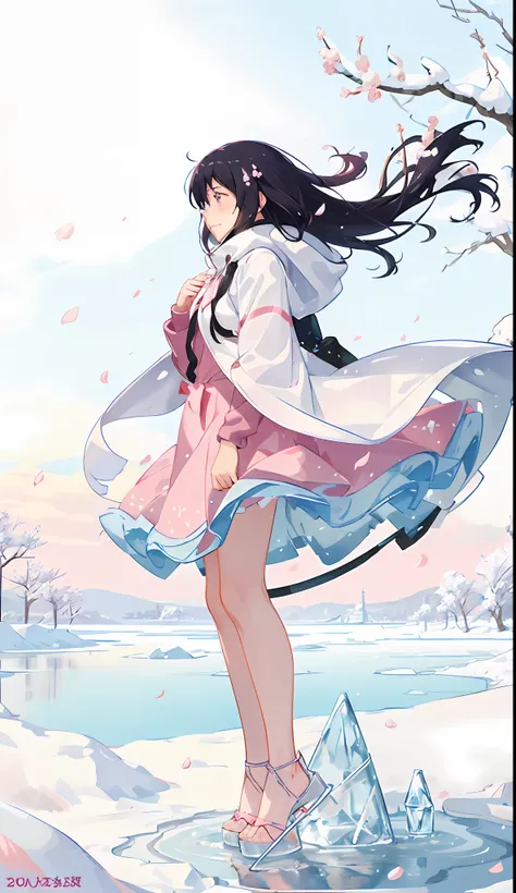 Beautiful and cute girl with few clothes，You cant see the head level under the ice，Heavy winds and snow，Tears of the girl，Frozen，Pink cherry blossoms，NOhumans，There is water all around，There is a glow above，Makoto Shinkai painting style