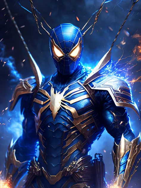 мрачный портрет Iron Spider Horseman of the Apocalypse from Marvel, Extremely detailed, night time, Smoke, sparks, metal shavings, Flying debris, Blue Energy Effects, surround light