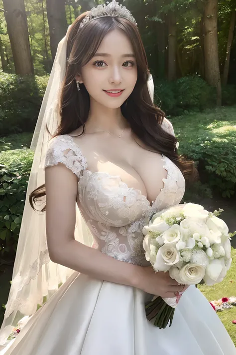 (Best Quality, masutepiece:1.2), (Realistic:1.3), (hyper detailed background, Detailed background), Bokeh, ((medium breasts:1.3)), ((Tense cleavage)),(Princess Line Wedding Dresses:1.3),Bridal tiara, Show, Bridal Veil, bridal gauntlets, Bridal Cascade Bouq...