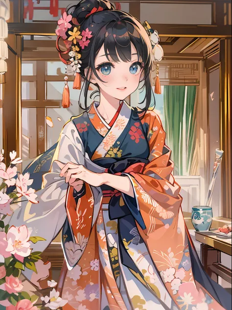 Master Pieces,hyper quality, Hyper Detailed,Perfect drawing,独奏、Beauty in the world、Komono、Japanese dress、Black-haired、Japanese hair、Colorful Japan kimono、Uchikake、Nishijin Ori、Delicate and smart eyes、ssmile、sidelong glance、Graceful、Gorgeous、Beautiful、red b...