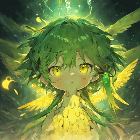 cephalopod, yellow tentacles with green tips, green feathered wings, yellow and green lop ears, red bird-like helm, king of demons and personification of the west wind, masterpiece, Best Quality