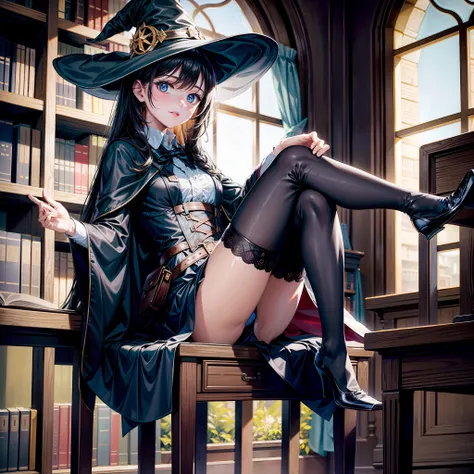 1girll，Western-style witch costume，inside a library，black lence stockings