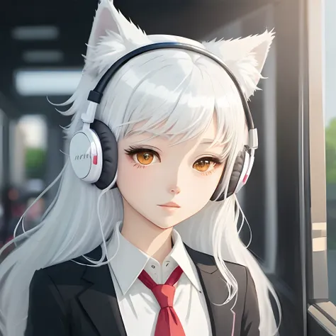 Anime girl with headphones and tie, anime moe art style, flat anime style shading, White Cat Girl, Flat anime style, in an anime style, 2 d anime style, Anime Stylization, Perfect white haired girl, unknown artstyle, white haired Cangcang, anime girl with ...