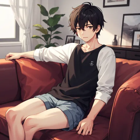 High-quality images，Libido boy，with short black hair，CasualClothing，Living room in the background，sitting in the couch。