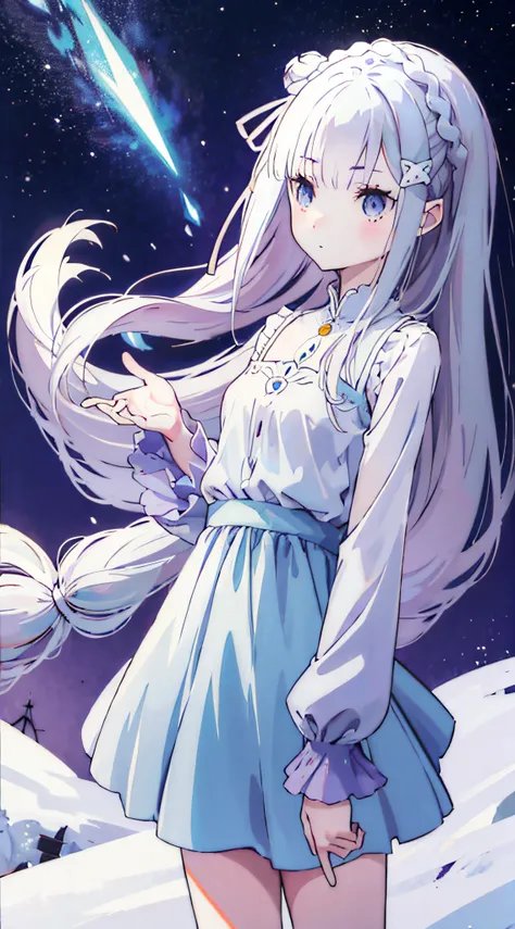 emilia, emilia, re zero, ragazza kawaii, da sola, magra, seno, felice, fascia con un fiore bianco sui capelli, gonna a pieghe ro...