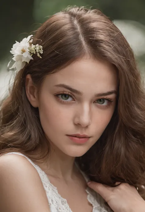 Capture a close-up portrait of a girl with a 85mm f/1.8 lens, ISO 200, at 1/1000 seconds. Focus on her vibrant green eyes, ensuring they sparkle. Apply a soft shadow and no contrast for a dreamy effect. queen