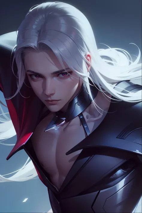 Attractive profile picture, masterpiece, ultra-precise rendering, beautiful and cool young man, trustworthy, dependable young man, savior of the world, simple design, most beautiful image, 4K, white hair, red eyes, demon armor.