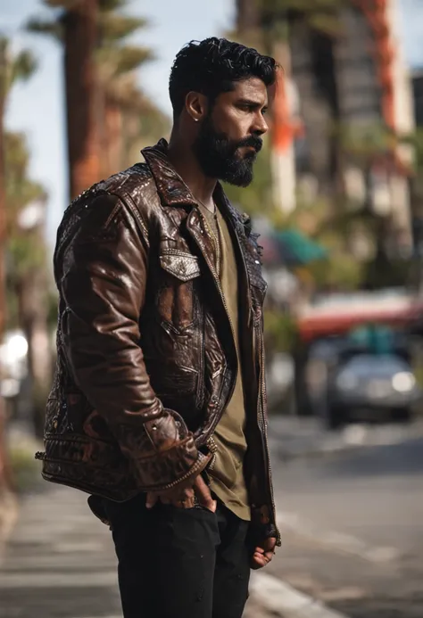 Homem, 45 anos, cabelo preto com mechas brancas, jaqueta de aviador marrom, blusa de gola alta preta, tapa olho, grande bigode, barba no queixo e bochecha bem rala, colar de dogtag