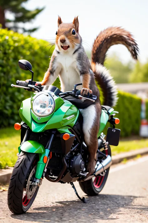 squirrel riding a motorbike, squirrel holding a gun