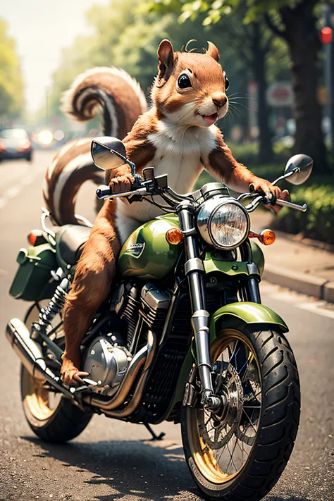 squirrel riding a motorbike, squirrel holding a gun