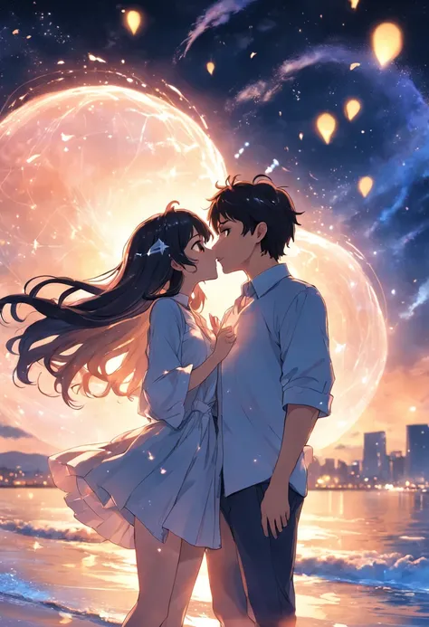 Romantic couple kissing in the wind，Boys and girls，glowing stars，Glow effects，Heart-shaped bubbles，the night，On a cruise ship，The face is clear and accurate，detail in face，super-fine，beachside，16K resolution，high qulity，电影灯光，High picture detail，dynamic vie...