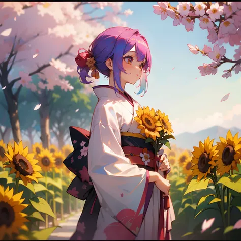 (Beautifully Aesthetic:1.2)、(1girl in:1.3)、(colourful hair:1.2)、wearing Colorful kimono、mystical、Have a bouquet of cherry blossoms and sunflowers and autumn cherry blossoms and white chrysanthemums