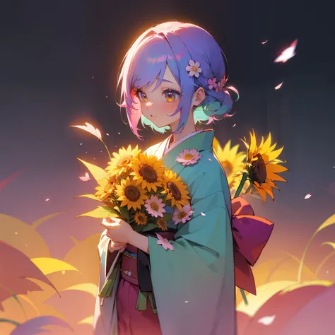 (Beautifully Aesthetic:1.2)、(1girl in:1.3)、(colourful hair:1.2)、wearing Colorful kimono、mystical、Have a bouquet of cherry blossoms and sunflowers and autumn cherry blossoms and white chrysanthemums