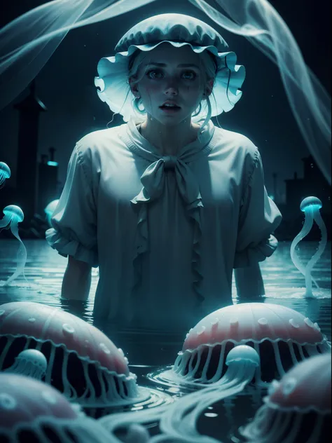 Jellyfish in water in horror: 1.3  setting in a horror city Horror Styled Macabre, Full-HD, 1080p, 16k, Realistic, Hyperrealistic, Hyper Real