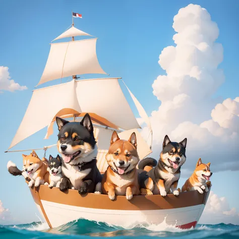 The dog of the black-brown big Shiba Inu is Wangpa
The yellow Shiba Inus dog is Wangma
The sea with blue water, blue sky and white clouds
There are also 4 small Shiba Inu
Plus Wangs father and mother, a total of 6 dogs happily on the sailboat