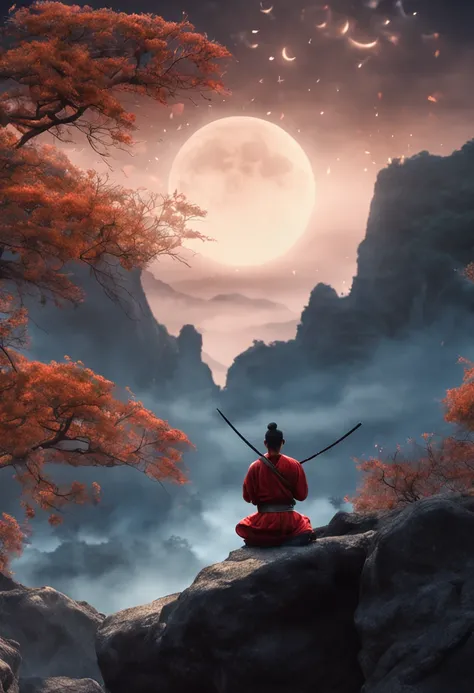 homem, samurai de meia idade meditando ao ar livre, fluttering hair moonlight scenery and blurry background (obra-prima) (8k high resolution) (melhor qualidade) (Ultra Definition) (Ultra realista)(Foto RAW) (Foto realista) (bright illumination)