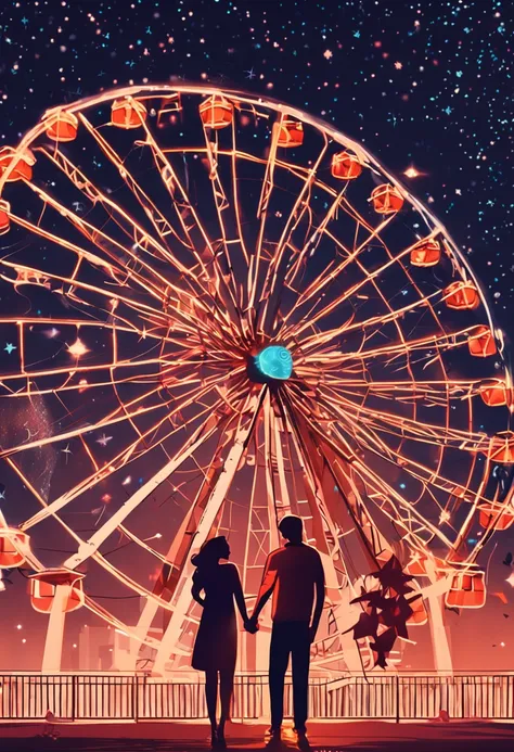 Romantic couple kissing in the wind，Boys and girls，glowing stars，Glow effects，Heart-shaped bubbles，the night，he Ferris wheel，The face is clear and accurate，detail in face，super-fine，beachside，16K resolution，high qulity，电影灯光，High picture detail，dynamic view...