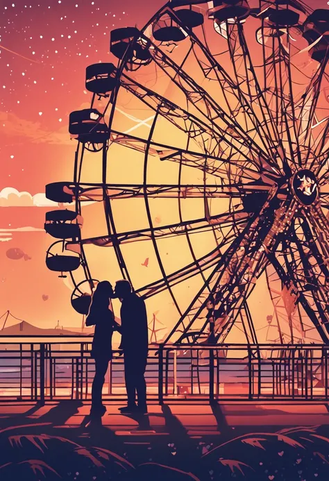 Romantic couple kissing in the wind，Boys and girls，glowing stars，Glow effects，Heart-shaped bubbles，the night，he Ferris wheel，The face is clear and accurate，detail in face，super-fine，beachside，16K resolution，high qulity，电影灯光，High picture detail，dynamic view...