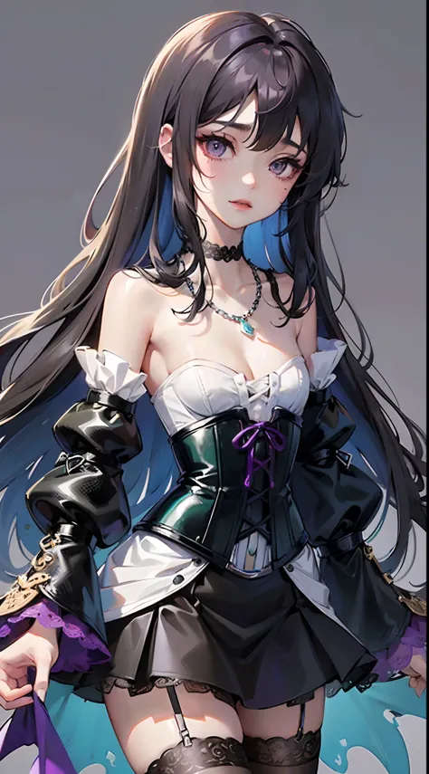 One female, cute. Small chest size. Shy. Long black and hair with purple shite; Cute bangs. Striking purple eyes. Shy. She wears an outfit with lace (Colors are Black and purple); Corset, skirt, sleeves, stockings, She wears a necklace with sea green jewel...