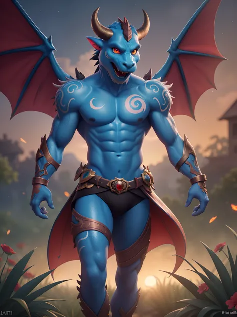 male alpha dragon in garden, wings, horns,  black skin, red tattoo, waning moon tattoo on chest, ((heterochromia, blue left eye, red right eye)) dreamy background, kindness, (frightening), unlimited light, magnificent sunset background, octane render, beau...