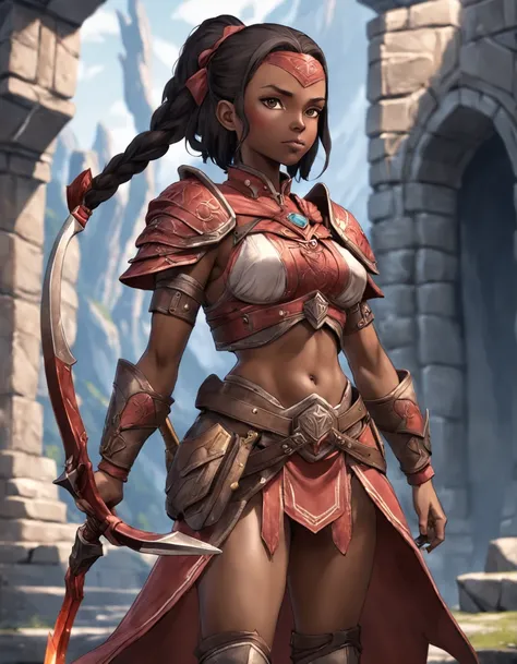 styalized, Elders scrolls Video Game Series, Redguard woman, african american woman, tight body, placed in elder scrolls world, elemental magic with redguard type weapons and armor, dark hair color, bow and arrow, ranger type, strider. full body render. di...